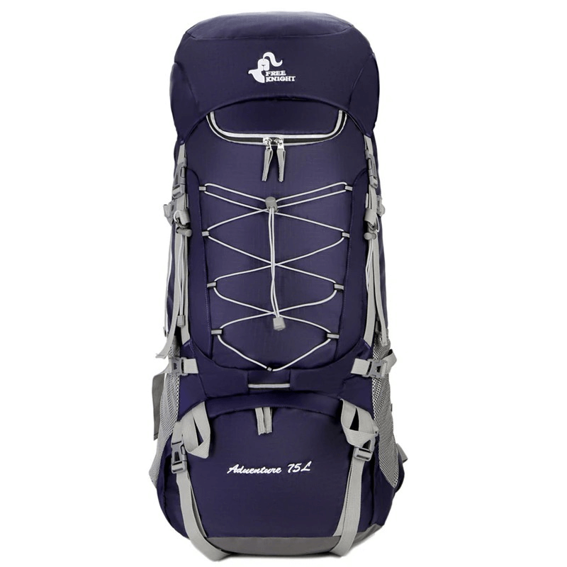 Alt Tag: Hiking large capacity backpack with rain cover, 75L, in navy blue, featuring multiple compartments and adjustable straps. Perfect for outdoor adventures.